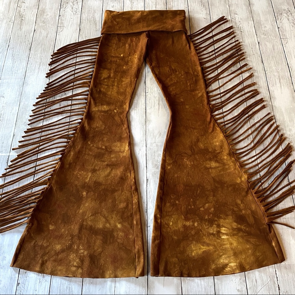 LONG LENGTH Hip Hugger Fringe Bell Bottoms in GOLDEN BROWN TIE DYE - XS S M L XL - Picture 6 of 14